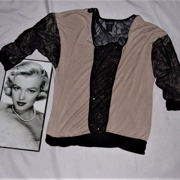 Daytrip Tops - Daytrip  medium womens peek a boo lace black   shirt sexy tan bling